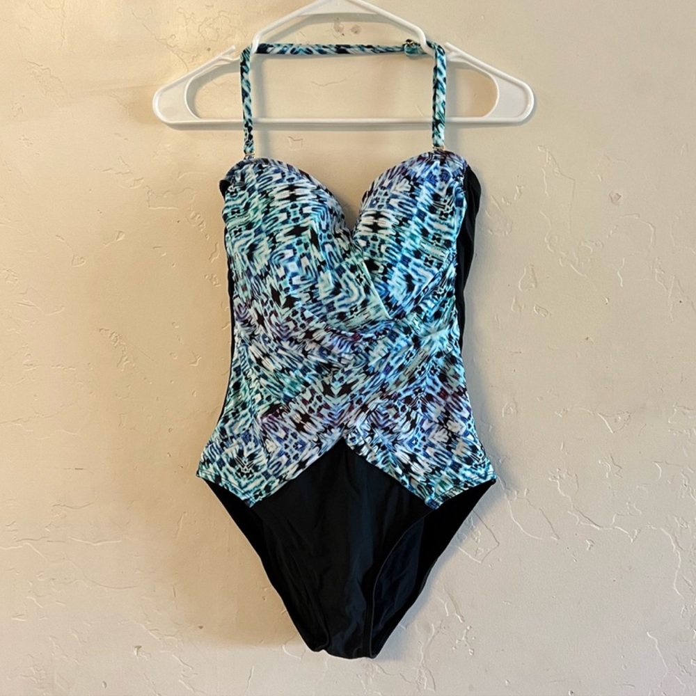 Athena Black & Blue Printed Halter Neck One Piece Swimsuit Size 10